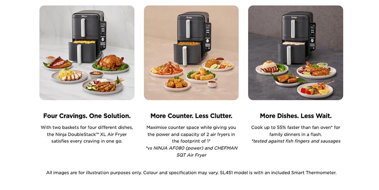 Four Cravings. One Solution. | More Counter. Less Clutter. | More Dishes. Less Wait.